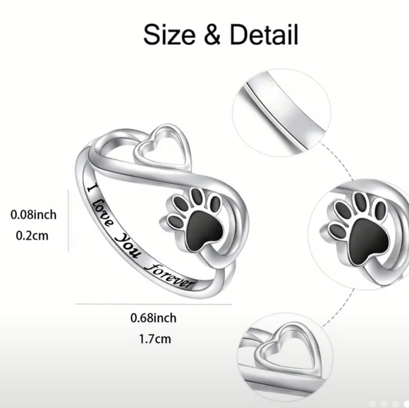Infinity Heart & Dog Paw Alloy Ring, "I Love You Forever" Engraving - Picture 2 of 3